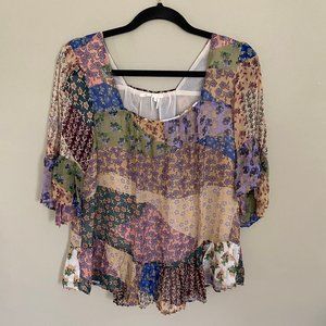 Anthropologie Boho Patchwork Floral Peasant Blouse in Pink, Blue, Green, Cream
